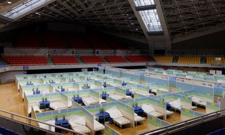 Beds are seen in a fever clinic that was set up in a sports area as Covid-19 outbreaks continue in Beijing