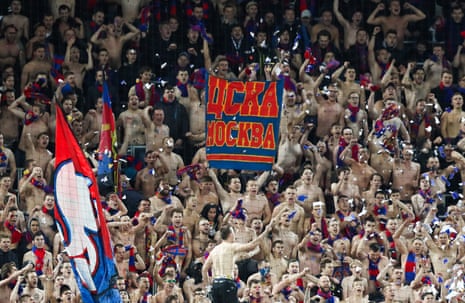 The CSKA Moscow fans cheer on their team.