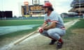 Pete Rose crouches on the field before a game at Shea Stadium in New York on 24 July 1978 during a hitting streak that eventually spanned 44 consecutive games.