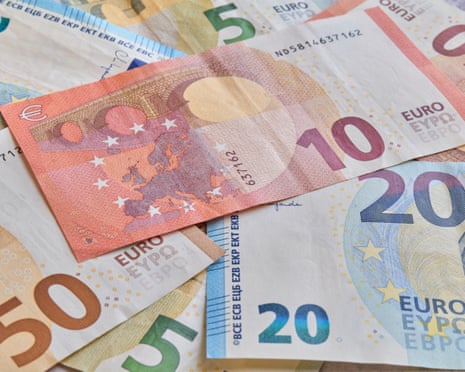 Euro banknotes of 5, 10, 20 and 50 denominations.