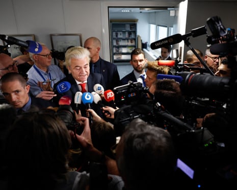 Leader of the PVV (The Party for Freedom) Geert Wilders delivers remarks to journalists outside the PVV faction room at the Lower House, the day after the Dutch parliamentary election vote, in The Hague.