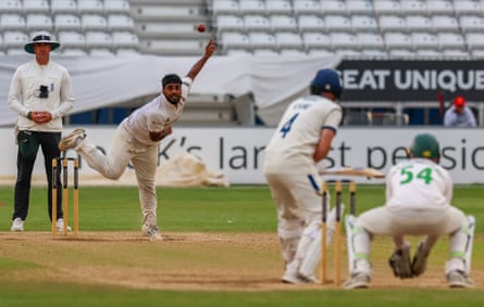 Rehan Ahmed bowling against Leicestershire in July 2025