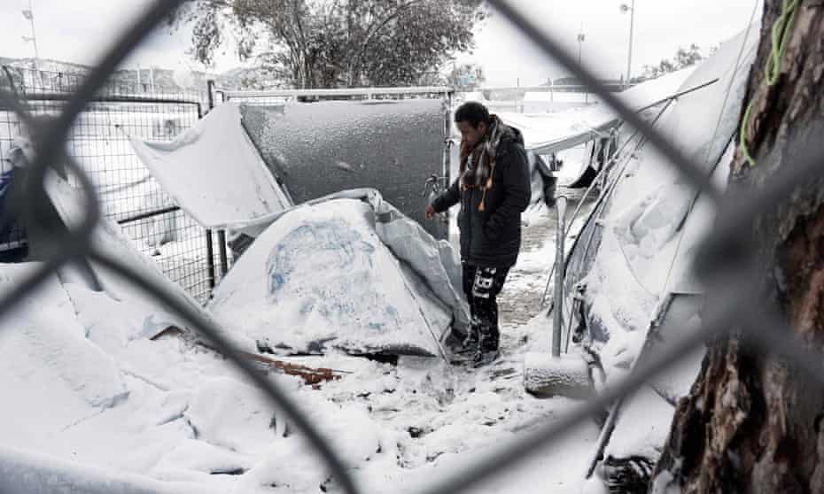 A camp at Moria, Lesbos, following heavy snowfall in January 2017.