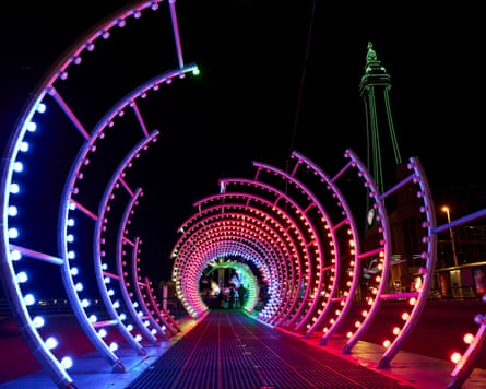 One of the installations at the Illuminations, against the backdrop of The Blackpool Tower