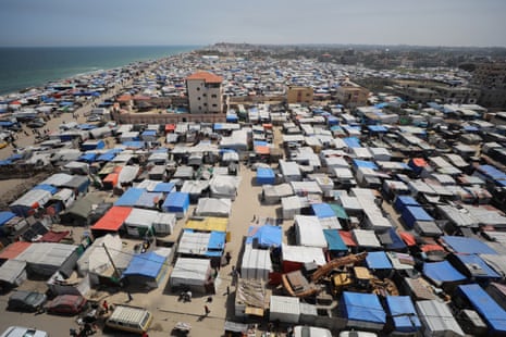 An aerial view of the makeshift tents in Deir al-Balah, on Thursday.