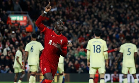 Sadio Mané celebrates opening the scoring for Liverpool.