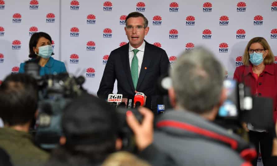 NSW treasurer Dominic Perrottet talks to the media about a financial support package for businesses impacted by the lockdown