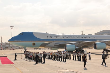 Donald Trump’s air force 1 lands at Ben Gurion Airport on the outskirts of Lod near Tel Aviv on 13 October 2025.