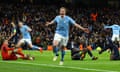 Manchester City's Kevin De Bruyne celebrates scoring their first goal to put the home side back on level terms against Real Madrid.