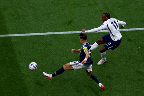 Mathys Tel of Tottenham Hotspur attempts a shot on goal.