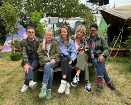 The BBC’s Jonathan Rothery, Alison Howe, Zoe Ball and Lorna Clarke with festival organiser Emily Eavis