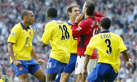 Arsenal’s Martin Keown going sick at Manchester United’s Ruud Van Nistelrooy in September 2003.