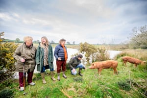 From left: Val Green, Eti Meacock with her mother Dorette Engi and Oliver Walker next to a beaver pond on Eti and Dorette’s Broadridge Farm, featured in our report on the UK’s first cluster rewilding project, near Tiverton in Devon