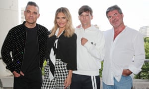 The new X Factor judging lineup: (from left) Robbie Williams, Ayda Field, Louis Tomlinson and Simon Cowell.