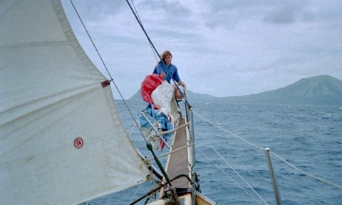 Suzanne Heywood on the family boat Wavewalker, near Vanuatu in the South Pacific, 1987.