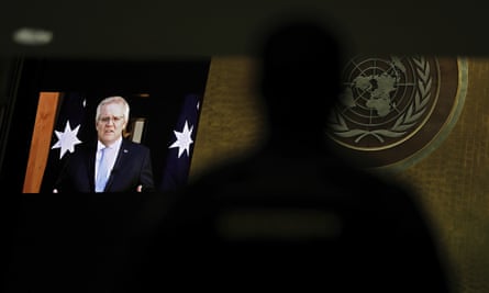 Scott Morrison addresses the UN general assembly in a pre-recorded message.