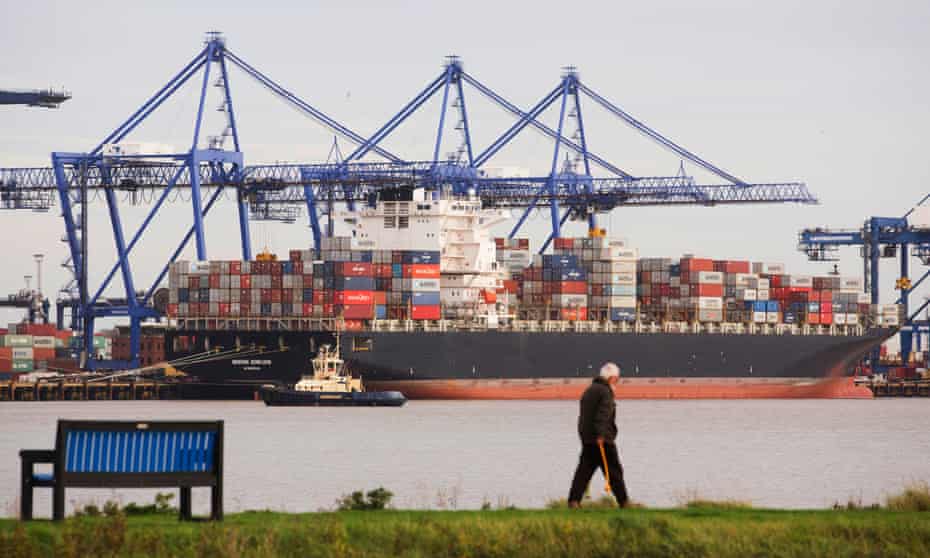 Containers on a ship at Felixstowe. Global and British food supply chains will be disrupted by ‘circumstances occurring concurrently at the end of the year’, the paper warns. 