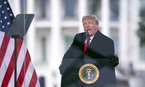 Donald Trump addresses a rally in Washington on 6 January, shortly before his supporters launched an attack on the Capitol to try to prevent certification of Joe Biden’s election victory.
