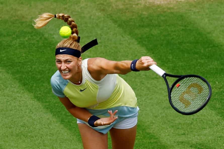 Petra Kvitova in action on the grass at Eastbourne.