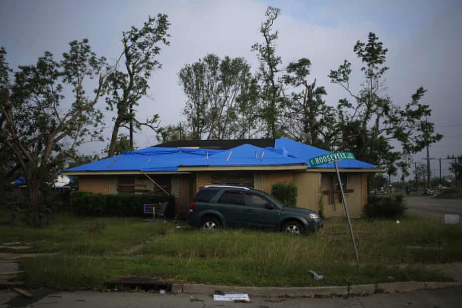 A damaged home stands after Hurricane Delta made landfall in Lake Charles, Louisiana, on 11 October.