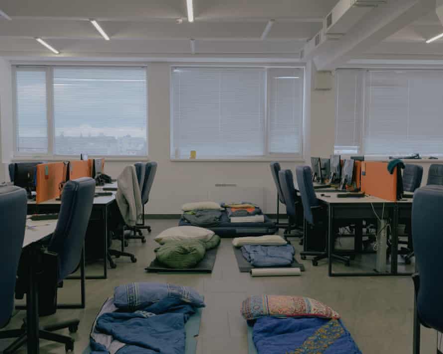 An emergency shelter for internally displaced people at an IT company‘s office in Lviv, 8 March