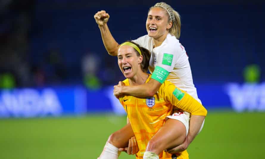 Karen Bardsley gives Steph Houghton a boost after England reach the World Cup semi-finals in 2019.