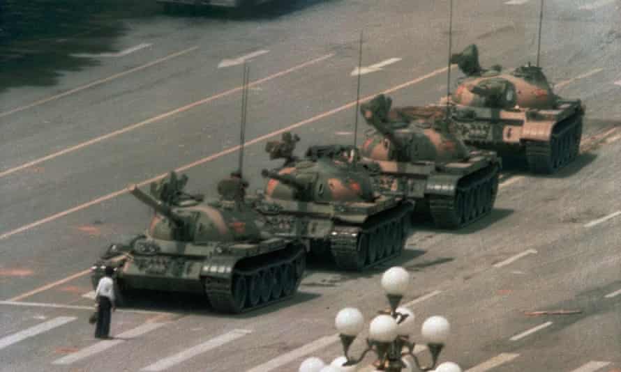 The Tiananmen Square ‘tank man’ photo showing a man blocking a line of tanks, on 5 June 1989.