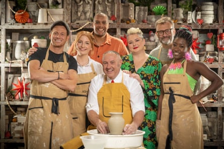 Joe Swash, Alice Levine and other cast members smile as Keith Brymer-Jones throws pottery