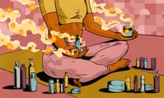 Graphic illustration in shades of ochre, light pink and light blue, of a fit woman (cropped below the neck) in halter top and yoga leggings sitting cross-legged on a yoga mat, surrounded by makeup bottles and holding one in each hand on her knees, each of which emanates colored steam.