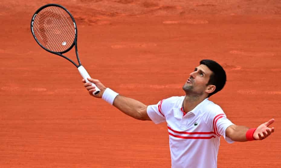 Novak Djokovic reacts during the 2021 French Open at Roland Garros