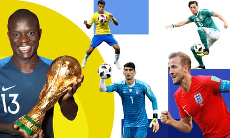Clockwise from left: N’Golo Kanté of France, Brazil’s Philippe Coutinho, Mesut Özil of Germany, England’s Harry Kane and the Iran goalkeeper Alireza Beiranvand.