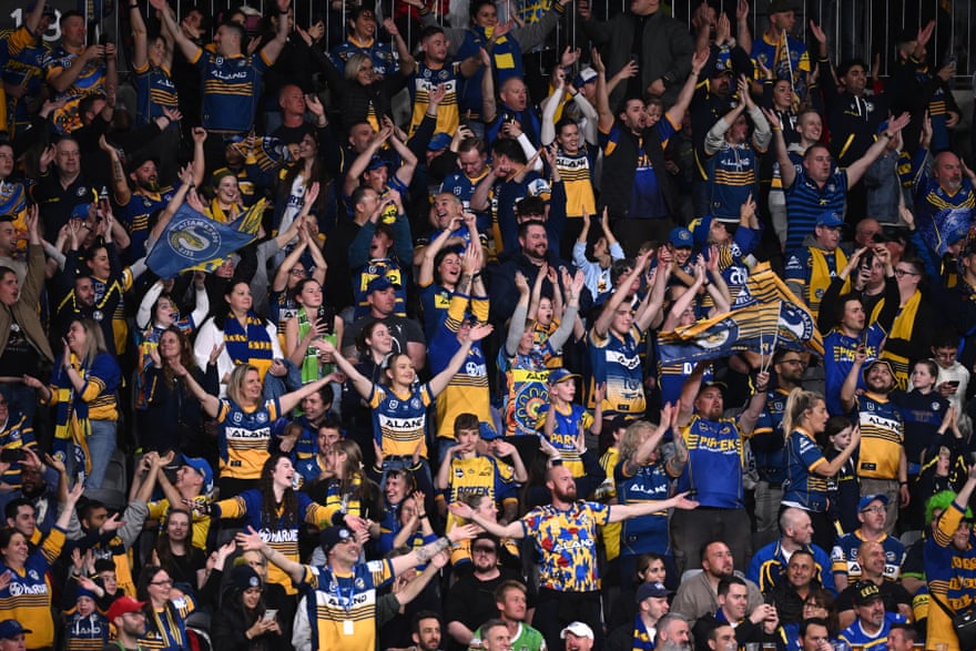Eels supporters perform the viking clap at Commbank Stadium during Parramatta’s 40-4 semi-final smoking of Canberra.