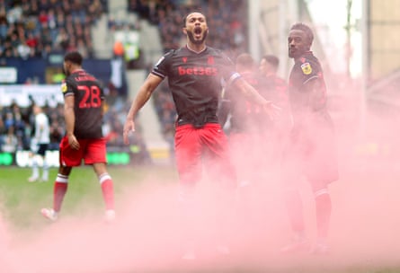 Lewis Baker of Stoke City celebrates their side’s first goal scored by teammate Will Smallbone.