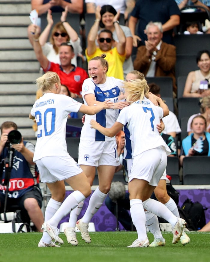 Finland’s Linda Sallstrom celebrates scoring their first goal with teammates.