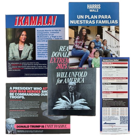 A composite image of five pro-Kamala Harris mailers.