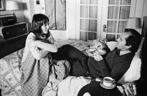 Shelley Duvall and Jack Nicholson rehearse for a breakfast-in-bed scene, photographed by Kubrick.