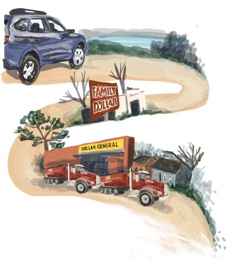Illustration of car driving down winding dirt road.