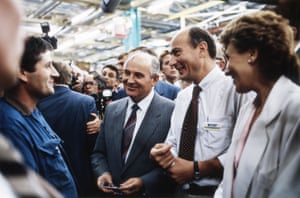 October 1985. Mikhail Gorbachev meeting with workers of the Peugeot factory near Paris during his visit to France.
