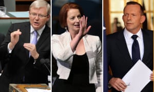 A composite image of Australian Prime Ministers Kevin Rudd, Julia Gillard and Tony Abbott