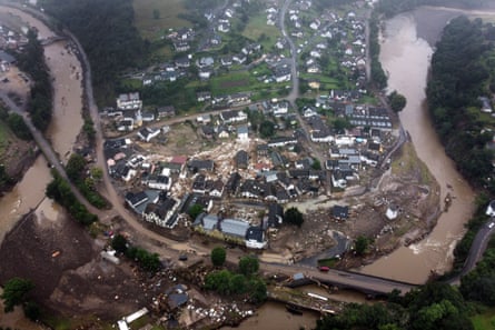 An aerial picture taken with a drone shows the destroyed village of Schuld in the district of Ahrweiler after heavy flooding of the river Ahr in Germany, 16 July 2021