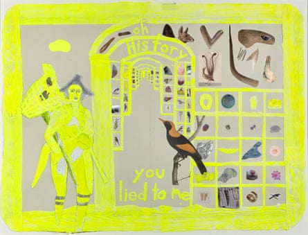 Sulman Prize winner 2017 Joan Ross ‘Oh history, you lied to me’ mixed media painting on paper 95 x 122 cm.