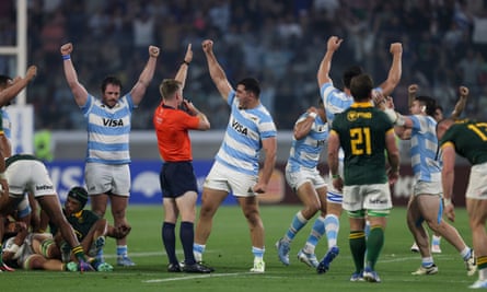 Argentina celebrate their comeback victory over the previously unbeaten Springboks in the Rugby Championship.