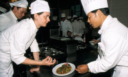 Twice-cooked pork the right way: Fuchsia Dunlop with a teacher at the Sichuan Institute of Higher Cuisine, 2001.