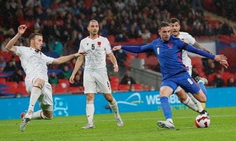 Jordan Henderson scores England's third goal against Albania