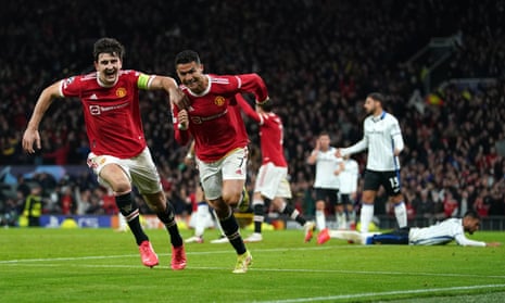Cristiano Ronaldo (second left) celebrates scoring Manchester United’s third goal of the game with fellow goalscorer Harry Maguire.