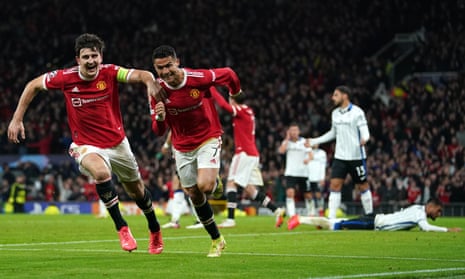 Cristiano Ronaldo (second left) celebrated scoring Manchester United’s winner with Harry Maguire, who had levelled the scores six minutes earlier.