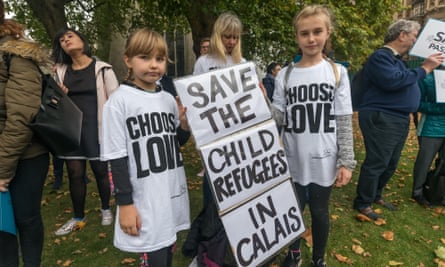Children attend a Safe Passage rally outside Parliament before lobbying MPs on the anniversary of the destruction of the Calais Jungle in October 2017