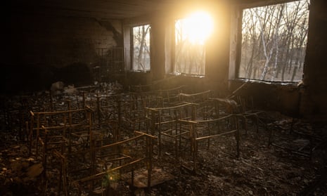 A destroyed classroom is seen in a school in Avdiivka in Donetsk Region, Ukraine.