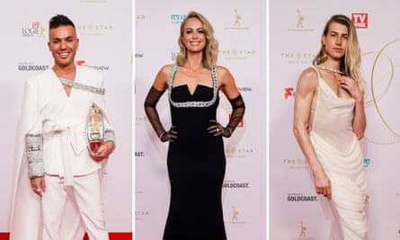 From left to right: Anthony Callea, Sylvia Jeffreys and Christian Wilkins at the Logies. Fashion Critical says Jeffreys was “was my best on ground on this occasion. This is absolutely stunning and wouldn’t be out of place on the Oscars red carpet.”