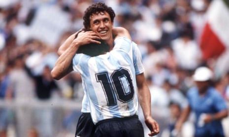 Diego Maradona is congratulated by Jorge Valdano after he scored the second goal in Argentina’s 2-0 win over Belgium in the 1986 World Cup semi-final. 